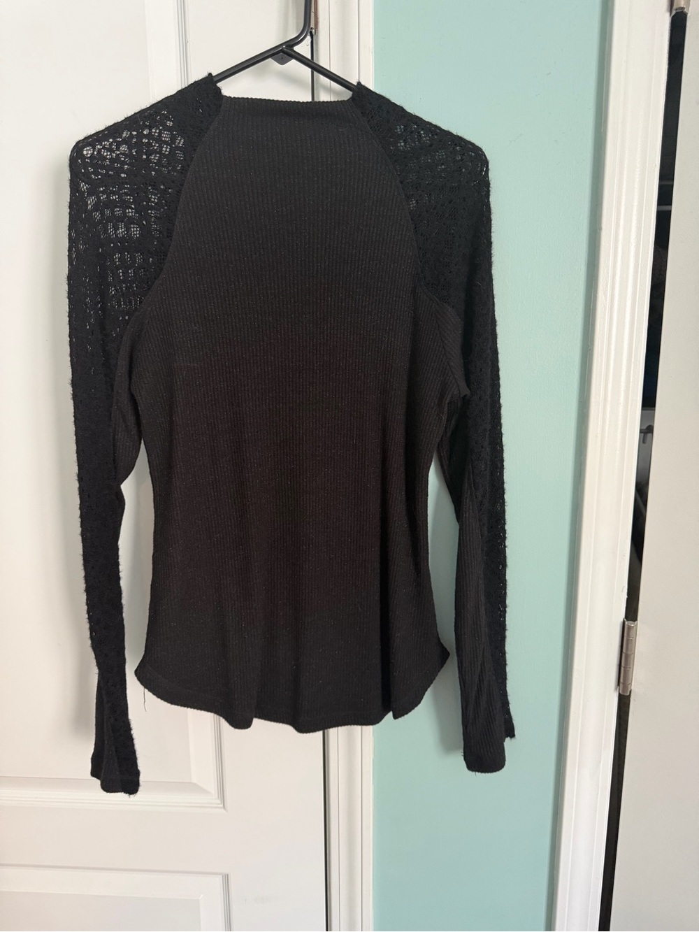 Doe & Rae Black Open-Knit Shoulder Long Sleeve Top